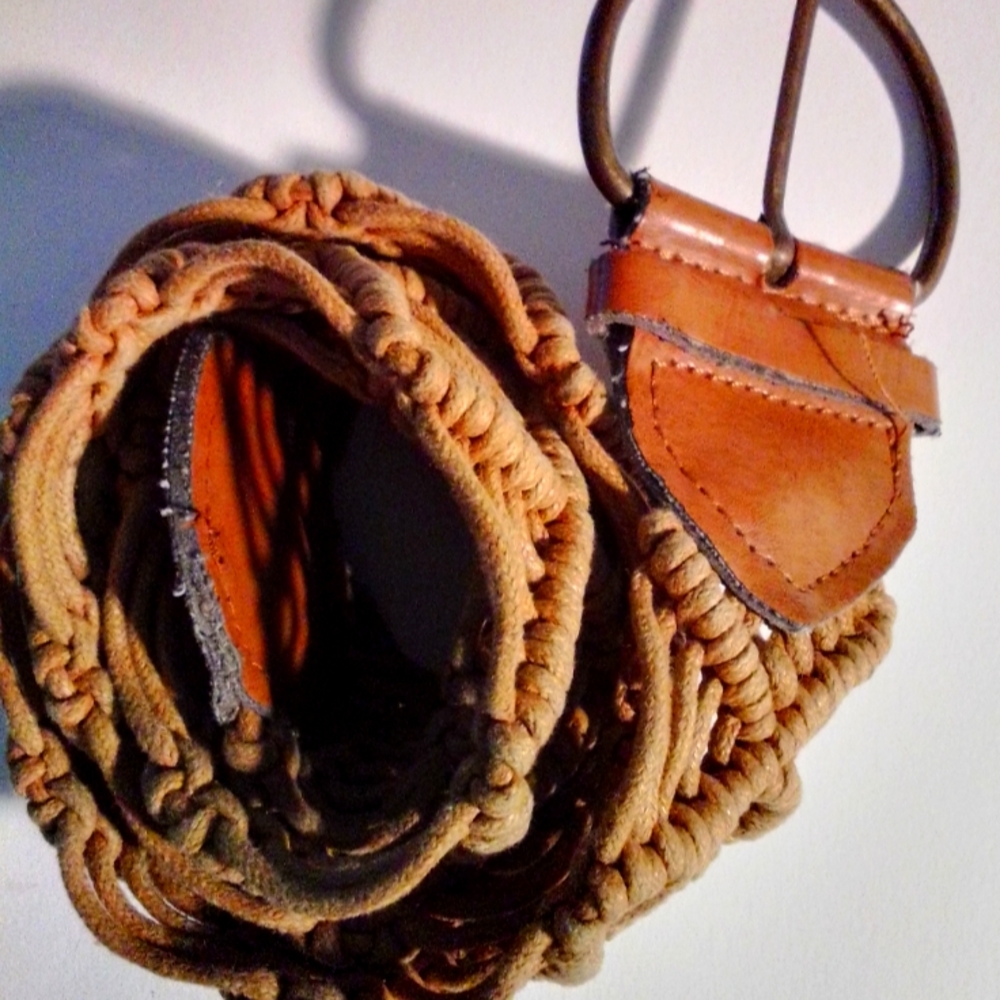 Vintage Braided Camel Tan Ladies Woven Leather And Textile Belt